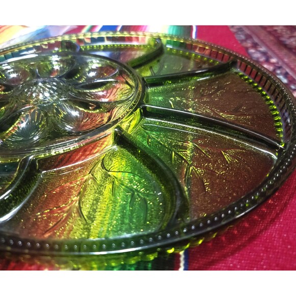 Indiana Green Glass Deviled Egg & Relish Dish‎ Serving Platter 13" Entertaining - Picture 3 of 11